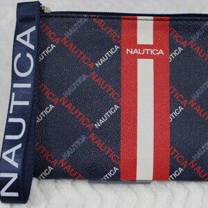 Nautica Navy Blue Logo Wristlet Clutch with Strap – Red & White Stripe Accent